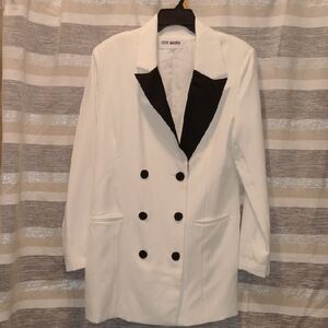 Steve Madden Women's Double-Breasted White Blazer with Black Lapel